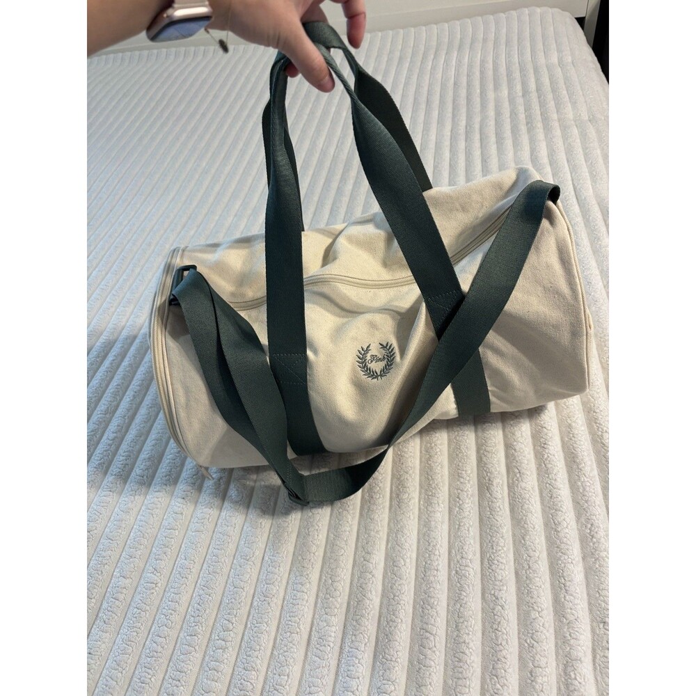 Victoria Secret Pink Canvas Duffle Gym Cheer Bag Beige Green Shoulder Strap logo